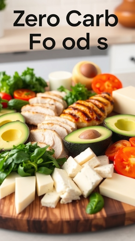 Zero Carb Foods for Diabetics An array of zero carb foods including chicken, greens, avocado, and cheese on a cutting board.